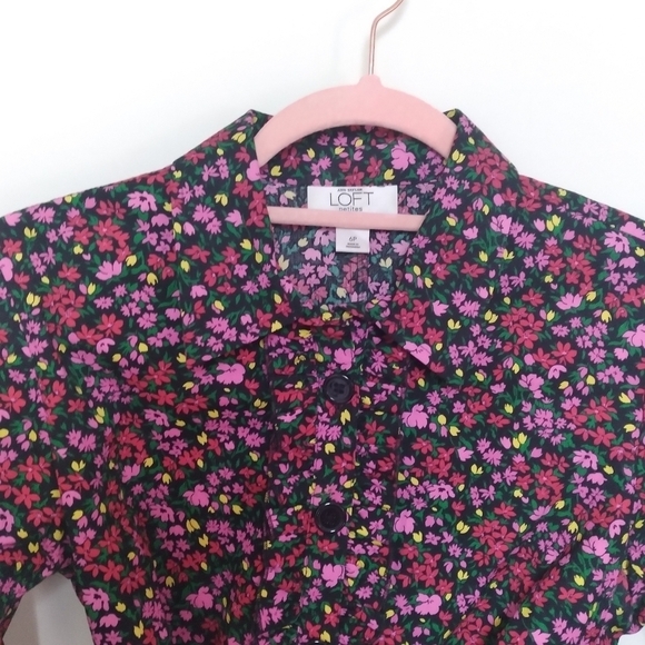 LOFT Black and Pink Floral Cotton Midi Shirt Dress Size 6 Petite - Picture 10 of 12